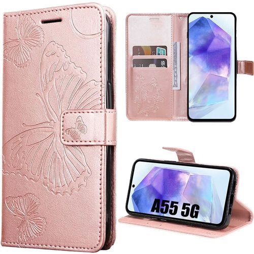 Coque Pour Samsung Galaxy A55 5g - Rose - Antichoc En Cuir Pu Et Tpu Avec Porte-Cartes Et Béquille Réglable, Motif Papillon - Booling