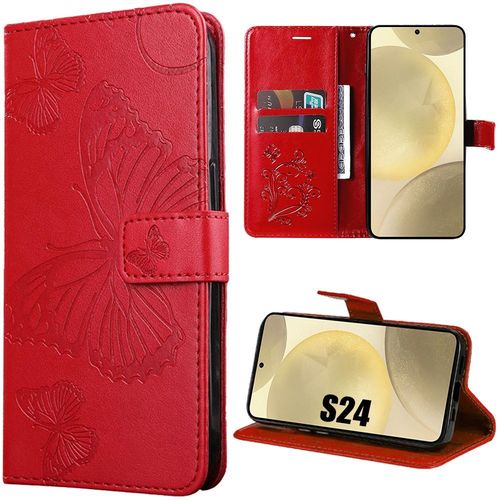 Coque Pour Samsung Galaxy S24, Rouge, Protection En Cuir Pu Et Anti-Choc Tpu Avec Fentes Pour Cartes Et Support, Motif Papillon - Booling