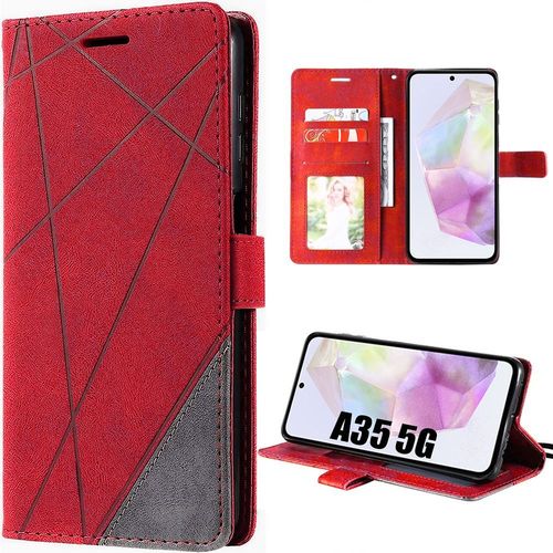 Coque Pour Samsung Galaxy A35 5g, Rouge, Design Rétro Et Linéaire Avec Porte-Cartes, Antichoc En Cuir Synthétique - Booling