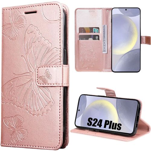 Coque Pour Samsung Galaxy S24 Plus (S24+) En Cuir Pu Avec Porte-Cartes Et Support, Motif Papillon - Rose - Booling
