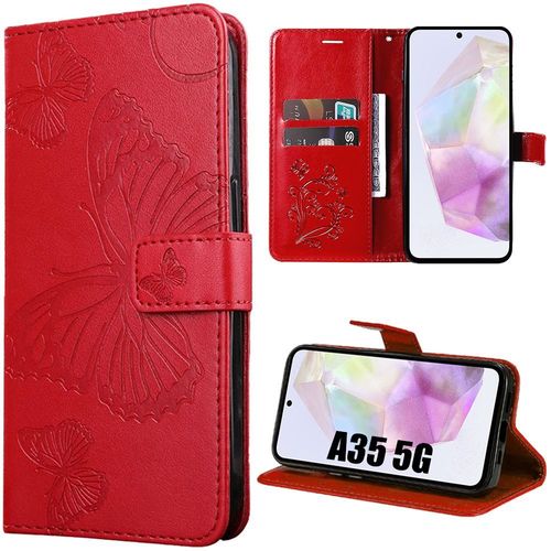 Coque Pour Samsung Galaxy A35 5g, Rouge, Protection Antichoc En Cuir Pu Et Tpu Avec Porte-Cartes Et Support, Motif Papillon - Booling