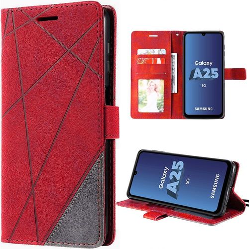 Coque Pour Samsung Galaxy A25 5g - Rouge - Style Rétro En Cuir Pu Et Intérieur Antichoc En Tpu Avec Fentes Pour Cartes - Booling