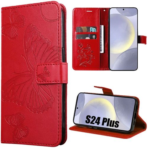 Coque Pour Samsung Galaxy S24 Plus (S24+) À Motif Papillon En Cuir Pu Avec Porte-Cartes Et Béquille, Rouge - Booling