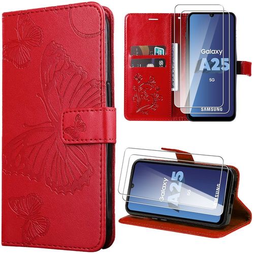 Coque + 2 Verres Trempés Pour Samsung Galaxy A25 5g, Effet Cuir Avec Porte-Cartes Et Support, Motif Papillon - Rouge - Booling