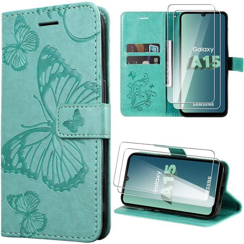 Coque + 2 Verres Trempés Pour Samsung Galaxy A15 4g/5g, Vert, Motif Papillon En Cuir Synthétique Avec Béquille - Booling