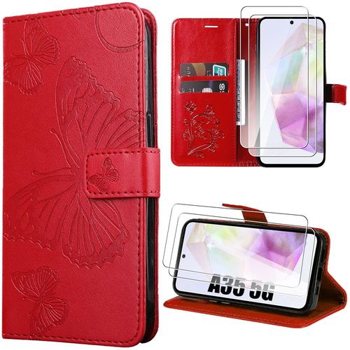 Coque Pour Samsung Galaxy A35 5g + 2 Verres Trempés, Motif Papillon En Simili Cuir Avec Poche À Carte Et Support, Rouge - Booling