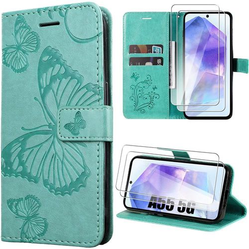 Coque Pour Samsung Galaxy A55 5g + 2 Verres Trempés, Cuir Pu À Motif Papillon Stylisé Avec Béquille, Vert - Booling