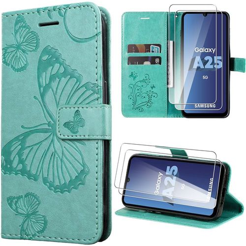 Coque + 2 Verres Trempés Pour Samsung Galaxy A25 5g, Effet Cuir Avec Poche À Cartes Et Support, Motif Papillon - Vert - Booling