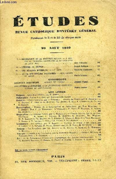 Etudes Tome 212 N° 16 - Bourdaloue Et Sa Province Natale Par Jean Villepelet, L Empire Du Silence Par Joseph Robinne, Les Réalités Invisibles Par Henriette Charasson, Au Fil Des Rivières Malgaches Par(...)