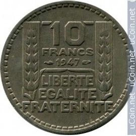 France = Pièce De 10 Francs, Année 1947, Type Turin, En Cupronickel, Variété Grosse Tête Et Rameaux Courts