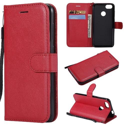 Flip Étui Pour Huawei P9 Lite Mini Avec Fente Pour Carte Couleur Solide Classique Étui De Téléphone Portefeuille D'affaires Cuir De Haute Qualité - Rouge