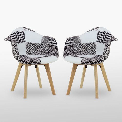 Lot De 2 Chaises Scandinaves En Tissu Patchwork Avec Accoudoirs - Coloris Noir & Blanc - Salle À Manger, Cuisine, Bureau