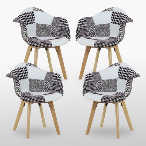 Lot De 4 Chaises Scandinaves En Tissu Patchwork Avec Accoudoirs - Coloris Noir & Blanc - Salle À Manger, Cuisine, Bureau