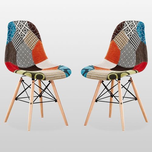 Lot De 2 Chaises Scandinaves En Tissu Patchwork - Pieds Eiffel - Salle À Manger Ou Cuisine