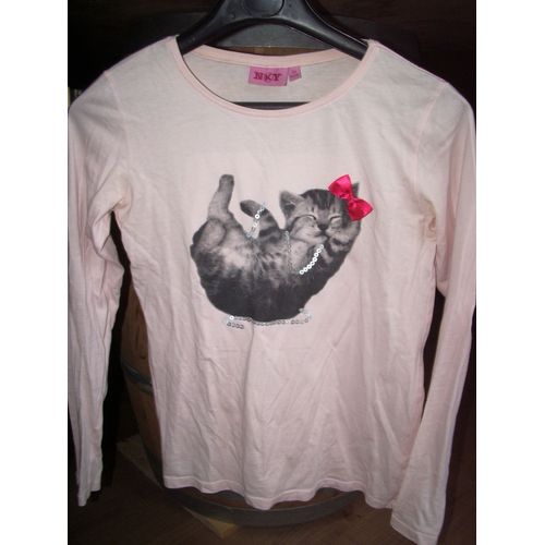 T-Shirt Manches Longues T.12ans Rose Motif Chat