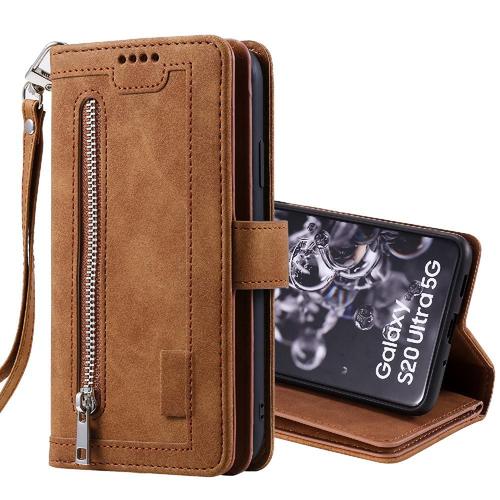 Flip Étui Pour Samsung Galaxy S20 Ultra 9 Fentes Pour Cartes Lanière Portefeuille Bicelle Cuir Pu - Le Brun