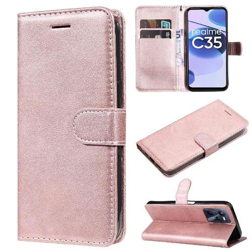 Flip Étui Pour Realme C35 4g Cuir De Haute Qualité Couleur Solide Classique Étui De Téléphone Portefeuille D'affaires Avec Fente Pour Carte - Couleur Rose