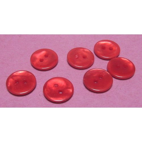 Lot De 7 : Bouton À 2 Trous - Résine Rouge Luisant / Mat - Diamètre 14,9 Mm X Ep. 2,2 Mm