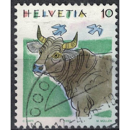 Suisse 1992 Oblitéré Used Dessin Animal Vache Bos Primigenius Taurus Bovin Et Oiseaux Su