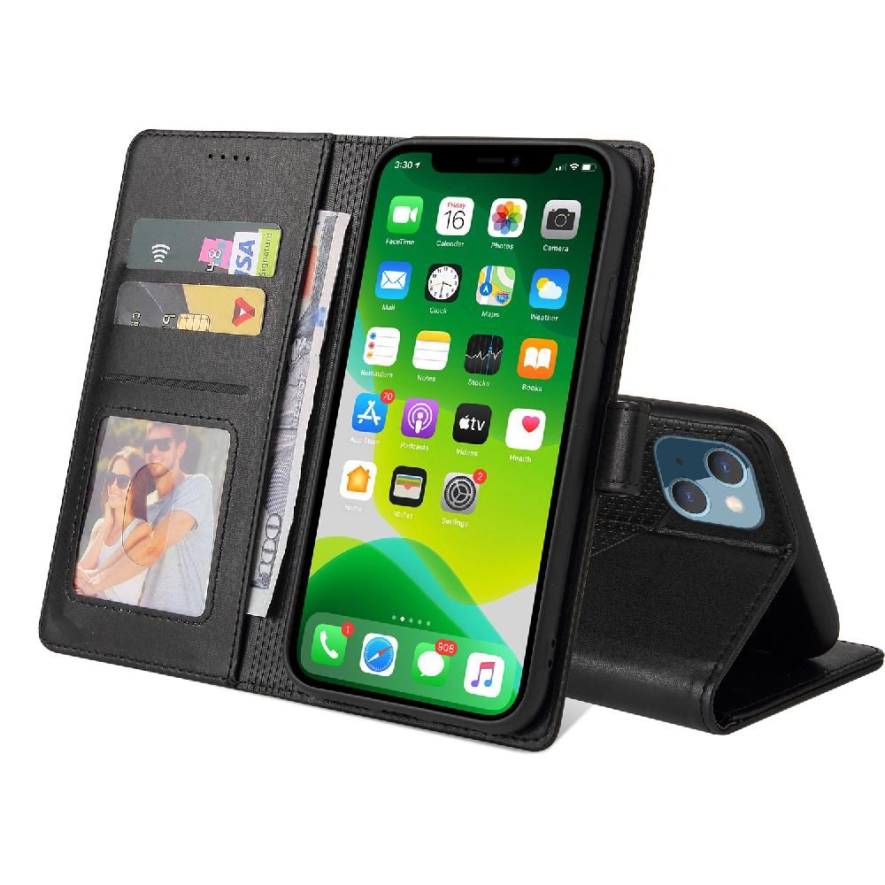 Flip Étui Pour Iphone 13 Mini Bicelle Cuir Premium Trois Fentes Pour Cartes - Noir