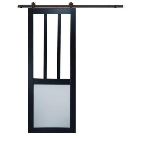 Porte Coulissante Atelier Noir Et Panneaux Blanc Vitree H204 X L83 + Rail A Roulettes Noir Et 2 Coquilles Noir Gd Menuiseries