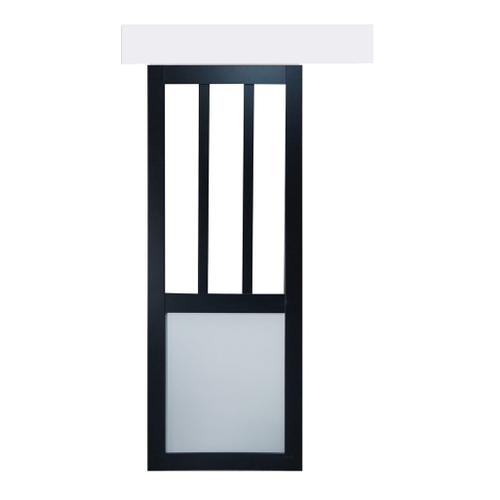 Porte Coulissante Atelier Noir Et Panneaux Blanc Vitree H204 X L73 + Rail Alu Et 2 Coquilles Noir Gd Menuiseries