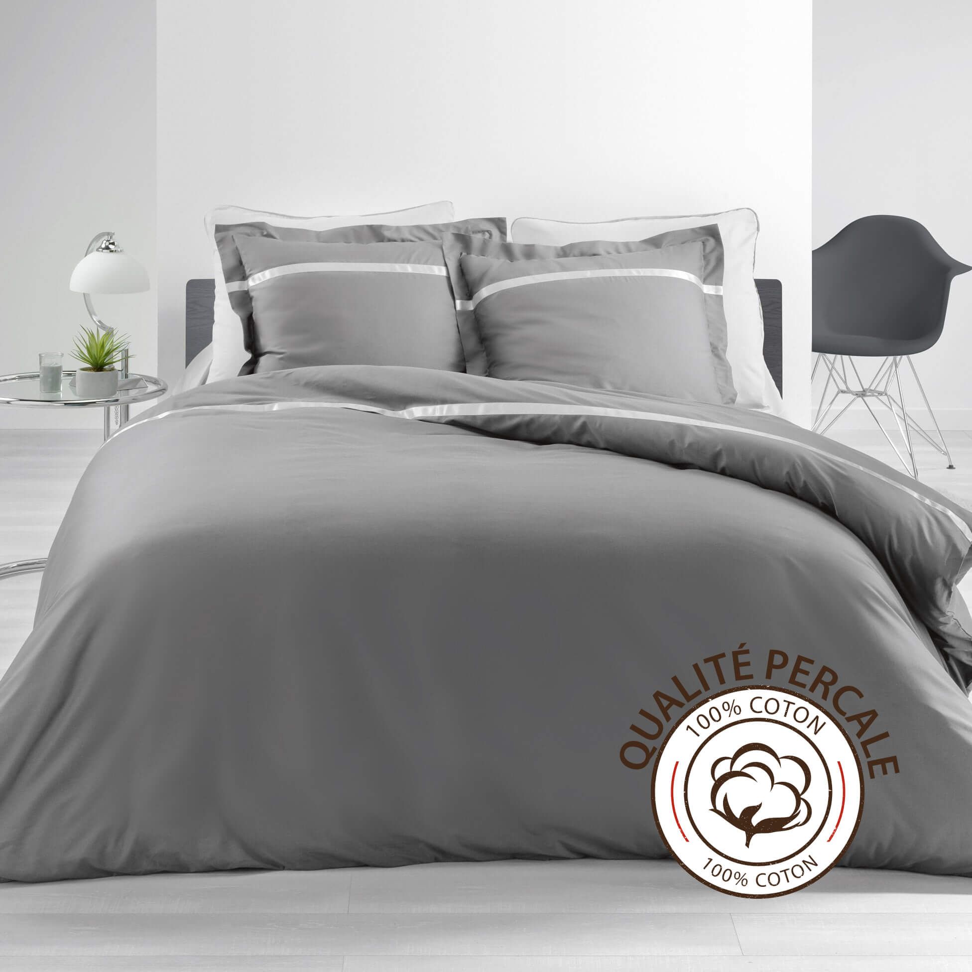 Housse De Couette - 220 X 240 Cm + Taies - Percale - Gris -78 Fils - Uni - Gris Gris