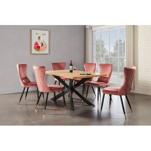 Ensemble Table À Manger Chêne 4 À 6 Personnes + 6 Chaises En Velours Rose - Style Contemporain