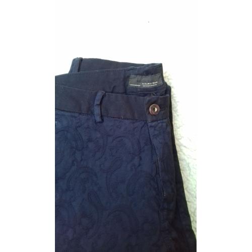 Pantalon Zara Taille 42 Bleu Marine Et Noir Motifs Chamarés