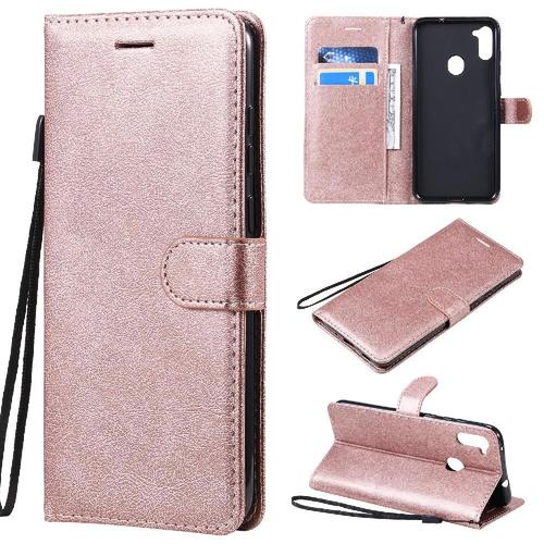 Flip Étui Pour Samsung Galaxy A11 Étui De Téléphone Portefeuille D'affaires Cuir De Haute Qualité Avec Fente Pour Carte Couleur Solide Classique - Couleur Rose