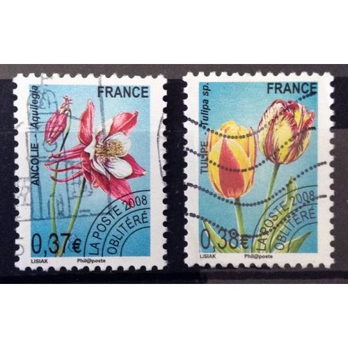 Préoblitéré Fleurs Ancolie 0,37 (Joli N° 253) + Préoblitéré Fleurs Tulipe 0,38 (Joli N° 254) Obl - France Année 2008 - N11331