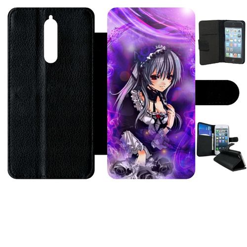 Etui A Rabat - Manga Fille Violet - Compatible Avec Nokia 8 - Simili-Cuir - Bord Noir