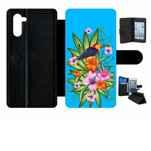 Etui A Rabat - Oiseau Tropical Turquoise - Compatible Avec Samsung Galaxy Note10 - Simili-Cuir - Bord Noir