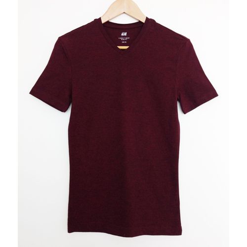 T Shirt Bordeaux Chiné. Col En V. Slim Fit. H&m. Coton. Polyester. Taille 36