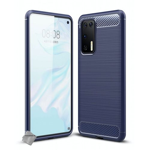 Housse Etui Coque Silicone Gel Carbone Pour Huawei P40 + Verre Trempe - Bleu Fonce