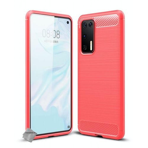 Housse Etui Coque Silicone Gel Carbone Pour Huawei P40 + Verre Trempe - Rouge
