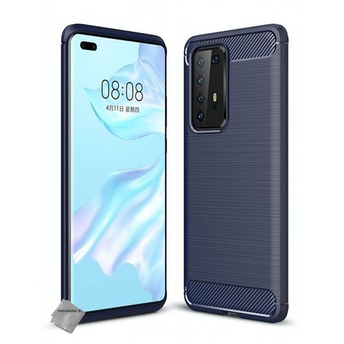 Housse Etui Coque Silicone Gel Carbone Pour Huawei P40 Pro + Verre Trempe - Bleu Fonce