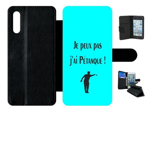 Etui A Rabat - Je Peux Pas J Ai Petanque Turquoise - Compatible Avec Samsung Galaxy A70 - Simili-Cuir - Bord Noir