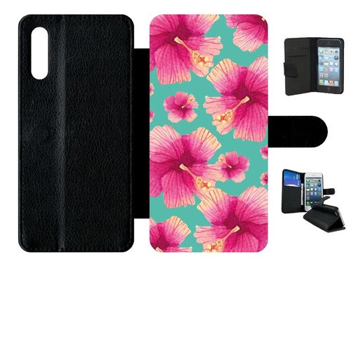 Etui A Rabat - Hibiscus Fond Turquoise - Compatible Avec Samsung Galaxy A70 - Simili-Cuir - Bord Noir