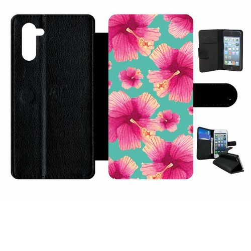 Etui A Rabat - Hibiscus Fond Turquoise - Compatible Avec Samsung Galaxy Note10 - Simili-Cuir - Bord Noir