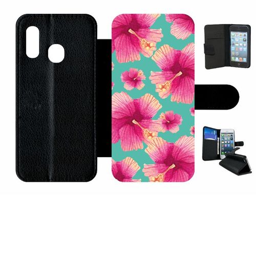 Etui A Rabat - Hibiscus Fond Turquoise - Compatible Avec Samsung Galaxy A20e - Simili-Cuir - Bord Noir