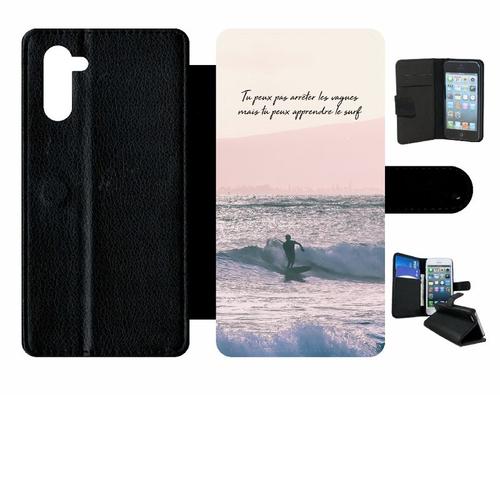 Etui A Rabat - Tu Peux Pas Arrter Les Vagues Mais Tu Peux Apprendre Le Surf Vagues - Compatible Avec Samsung Galaxy Note10 - Simili-Cuir - Bord Noir