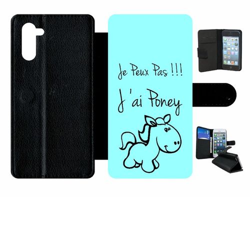 Etui A Rabat - Citation Poney Turquoise - Compatible Avec Samsung Galaxy Note10 - Simili-Cuir - Bord Noir