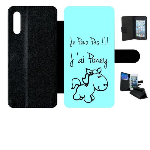 Etui A Rabat - Citation Poney Turquoise - Compatible Avec Samsung Galaxy A70 - Simili-Cuir - Bord Noir