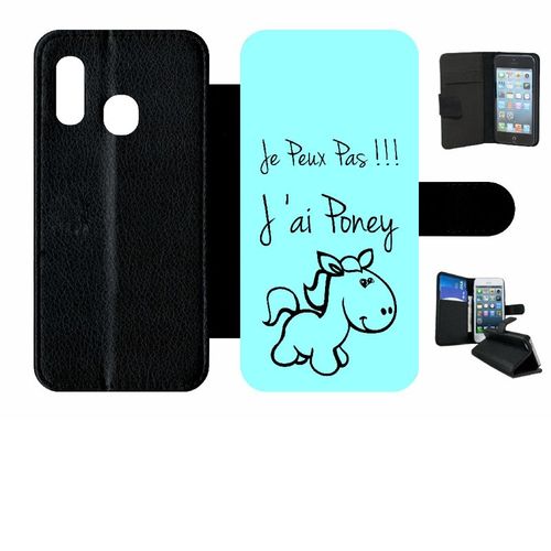 Etui A Rabat - Citation Poney Turquoise - Compatible Avec Samsung Galaxy A20e - Simili-Cuir - Bord Noir