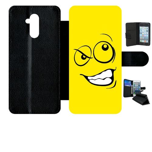 Etui A Rabat - Smiley Énervé Jaune - Compatible Avec Huawei Mate 20 Lite - Simili-Cuir - Bord Noir