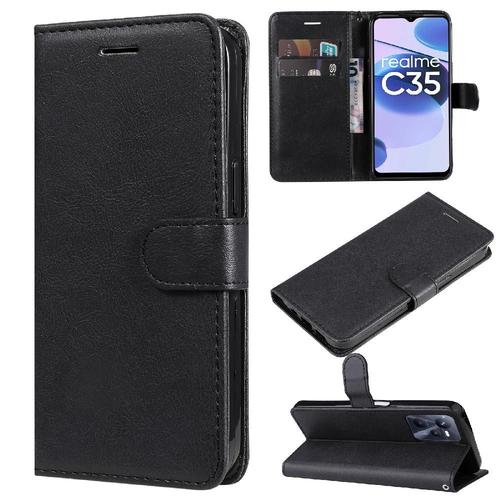 Flip Étui Pour Realme C35 4g Avec Fente Pour Carte Étui De Téléphone Portefeuille D'affaires Couleur Solide Classique Cuir De Haute Qualité - Noir