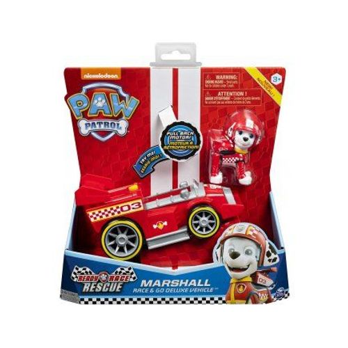 Pat Patrouille : Marcus Et Sa Voiture De Course A Retrofriction Et Sonore - Vehicule Deluxe - F1 - Race Go - Figurine Chien