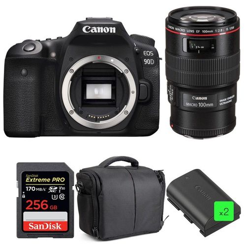 Canon EOS 90D + EF 100mm f/2.8L Macro IS USM + SanDisk 256GB UHS-I SDXC 170 MB/s + 2 LP-E6N + Sac | Garantie 2 ans