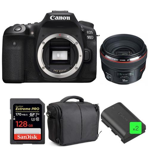 Canon EOS 90D + EF 50mm f/1.2L USM + SanDisk 128GB UHS-I SDXC 170 MB/s + 2 LP-E6N + Sac | Garantie 2 ans